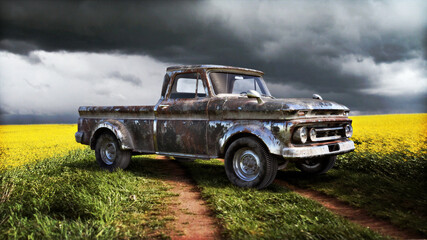 Fototapeta na wymiar Vintage rusty truck in a colorful meadow countryside field of flowers. 3d rendering