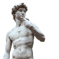copy of the marble sculpture of David Michelangelo isolated on white background. Ancient greek sculpture, hero statue