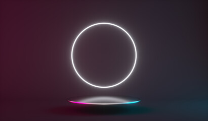 Futuristic neon light product background stage or podium pedestal. 3d render