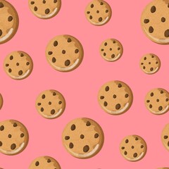 Chocolate chips Cookies cute Seamless pattern on pink background.