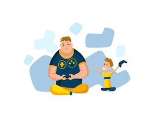 Father spend time with son. Dad and son playing game, happy family concept. Fatherhood flat cartoon vector illustration. Outdoor activity