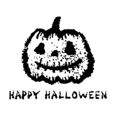 Cute ink pumpkin and text Happy Halloween icon. Black contour grunge silhouette. Front view. Vector simple flat graphic hand drawn illustration. The isolated object on a white background. Isolate.