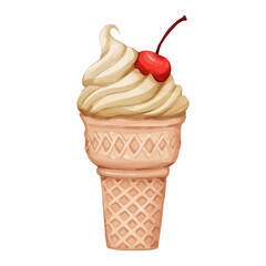 Ice cream cone and cherry toppings vector illustration with texture paper pattern, Isolated on white wallpaper background , This design can be used as a cute background and used as part of a design.