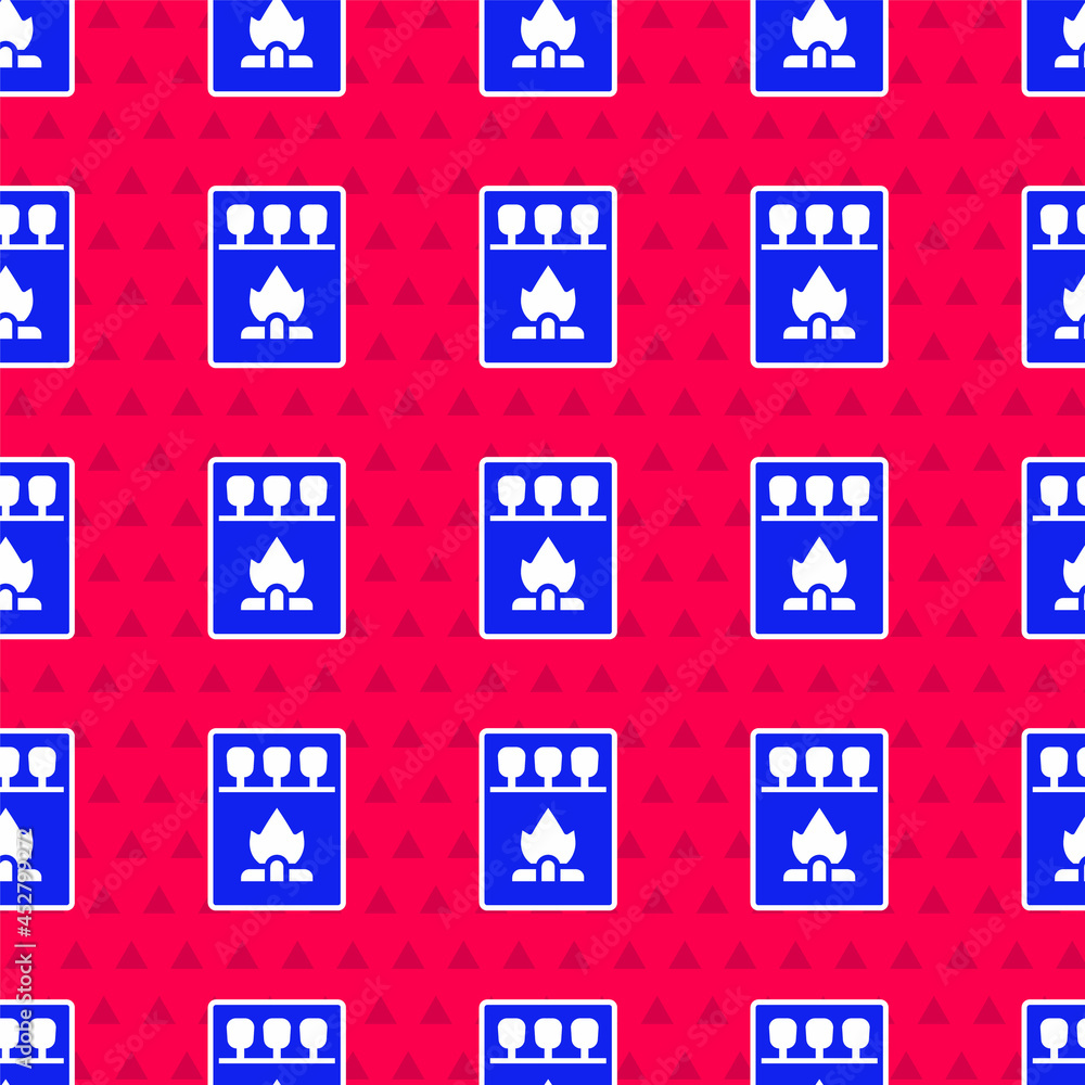 Poster blue open matchbox and matches icon isolated seamless pattern on red background. vector