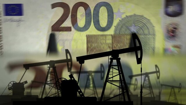Euro money counting machine with oil pump. Petroleum rig and fuel business with banknotes count. Economy abstract concept background illustration loopable and seamless.