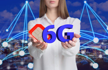 Woman demonstrating 6G SIM card model and cityscape with connection lines on background, closeup