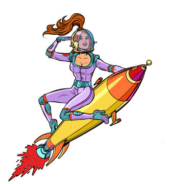 Pinup female astronaut flying on a rocket, a woman in space. Science fiction