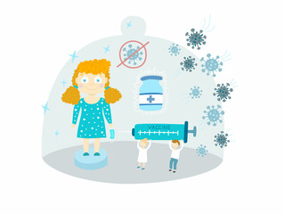 Conceptual vector illustration on the topic of childhood vaccination. Vaccination of children and health improvement. Vaccinations for children to protect against viruses