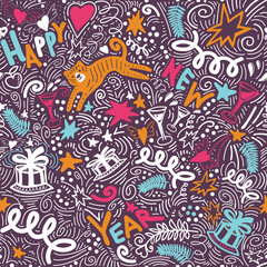 Christmas colored seamless pattern with New Years symbol of animal drawn by hand in doodle style. Tiger, garlands, cake, gifts, glasses, confetti and lettering quote happy new year.