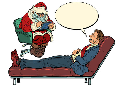A christmas psychotherapy session. The psychotherapist santa claus sees a businessman man, the patient is lying on the couch