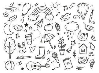 Cute doodle with cloud, rainbow, sun, animal element. Hand drawn line children style. Doodle background vector illustration.