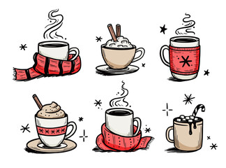 Obraz premium Christmas hot drink set of winter coffee, tea. Hand drawn sketch style. Drink cup, mug with winter scarf. Vector illustration.