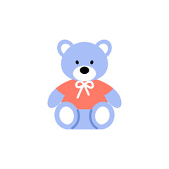 Teddy bear toy flat icon. Cute blue graphic character. Color baby toy isolated on white background. Minimal vector illustration.