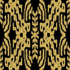 Seamless gold glitter on black tribal ethnic rug motif pattern. High quality illustration. Boho nomad textile print. Abstract gypsy design. Seamless repeat raster jpg pattern swatch.