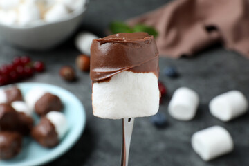 Marshmallow on stick dipped into chocolate against blurred background, closeup