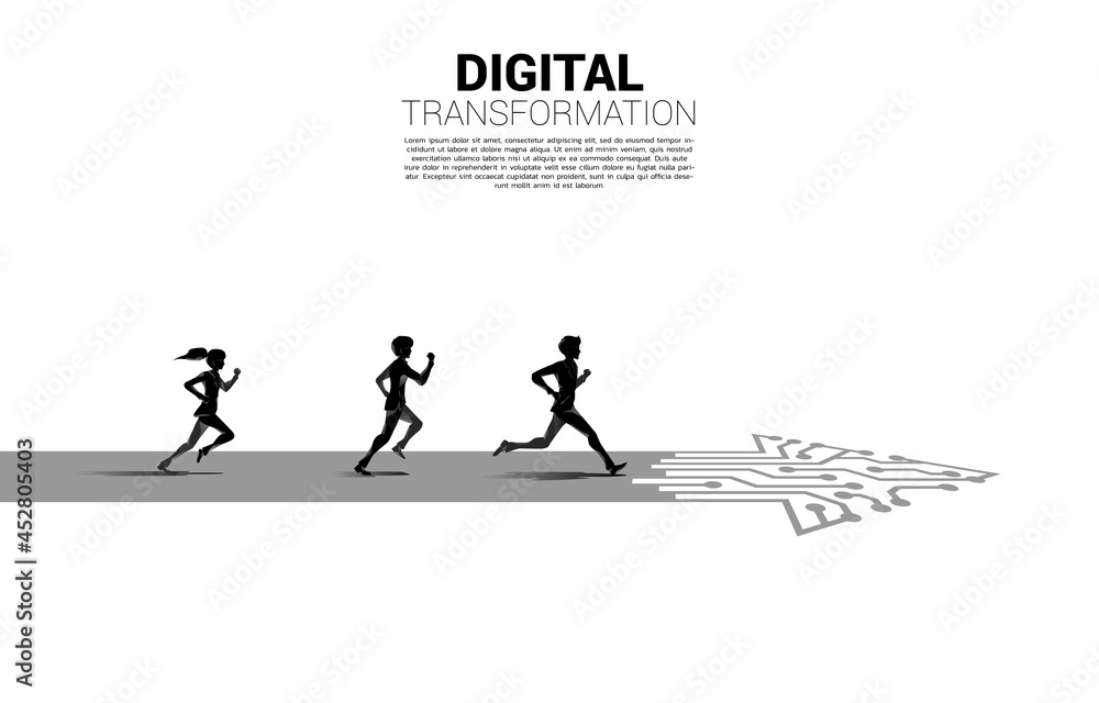 Poster silhouette of businessman and businesswoman running on the arrow path with dot connect line circuit.