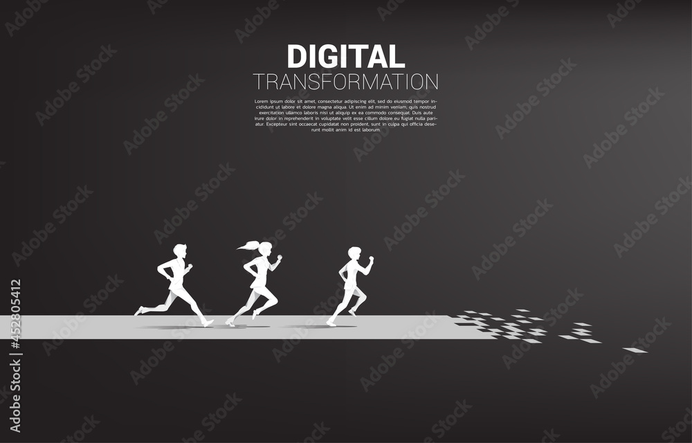 Poster silhouette of businessman and businesswoman running on the arrow path with pixel. concept of digital