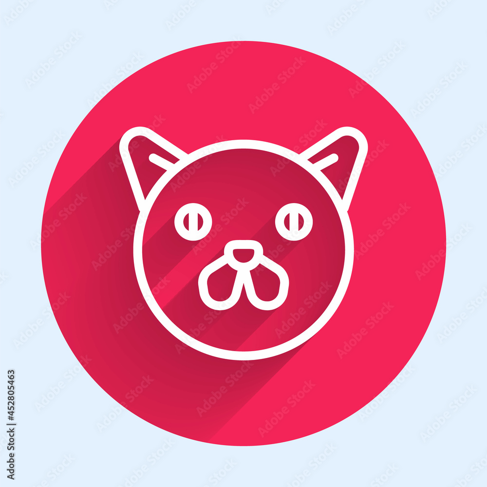 Poster white line cat icon isolated with long shadow. animal symbol. red circle button. vector