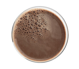 Delicious chocolate milk in glass isolated on white, top view