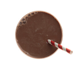 Delicious chocolate milk in glass isolated on white, top view