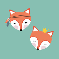 Collection of cute animals on an isolated background. Set of pets, head and face of fox. Children's friends. The crown on the head of the fox. Feathers on the head, crown, heart. Farm Animal Stickers