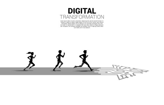 Silhouette of Businessman and businesswoman running on the arrow path with dot connect line circuit. concept of digital transformation of business.