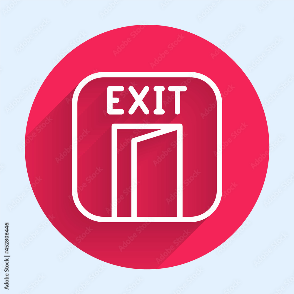 Poster white line fire exit icon isolated with long shadow. fire emergency icon. red circle button. vector