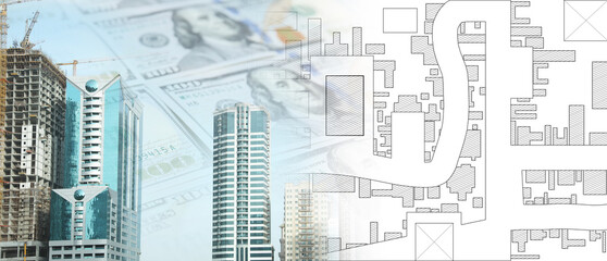 Multiple exposure of cadastral map, money and unfinished buildings. Banner design - obrazy, fototapety, plakaty