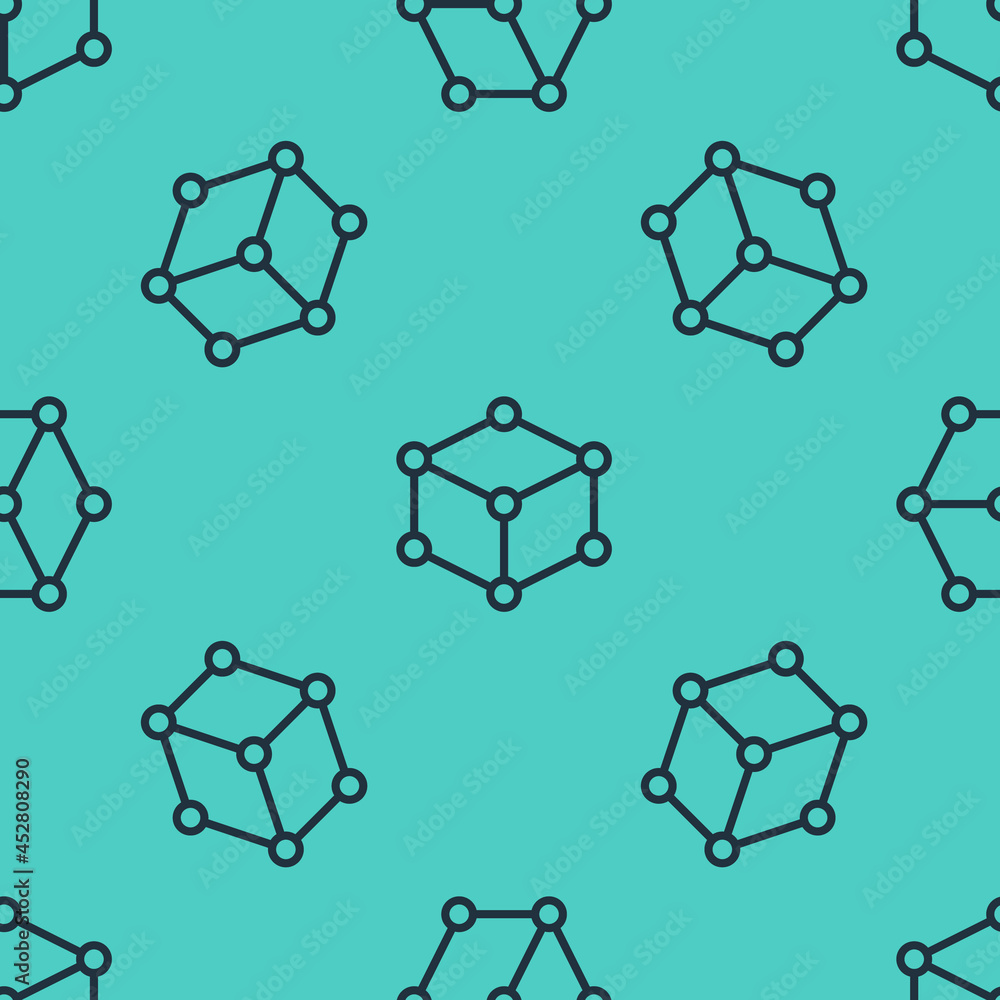 Poster Black line Isometric cube icon isolated seamless pattern on green background. Geometric cubes solid icon. 3D square sign. Box symbol. Vector