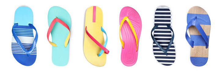 Set with different colorful flip flops on white background, top view. Banner design