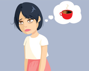 Young tired Asian woman thinking about drinking coffee to get energy