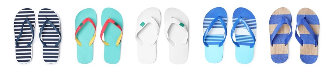 Set with different flip flops on white background, top view. Banner design