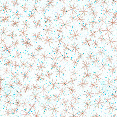 Hand Drawn Snowflakes Christmas Seamless Pattern. Subtle Flying Snow Flakes on chalk snowflakes Background. Astonishing chalk handdrawn snow overlay. Juicy holiday season decoration.