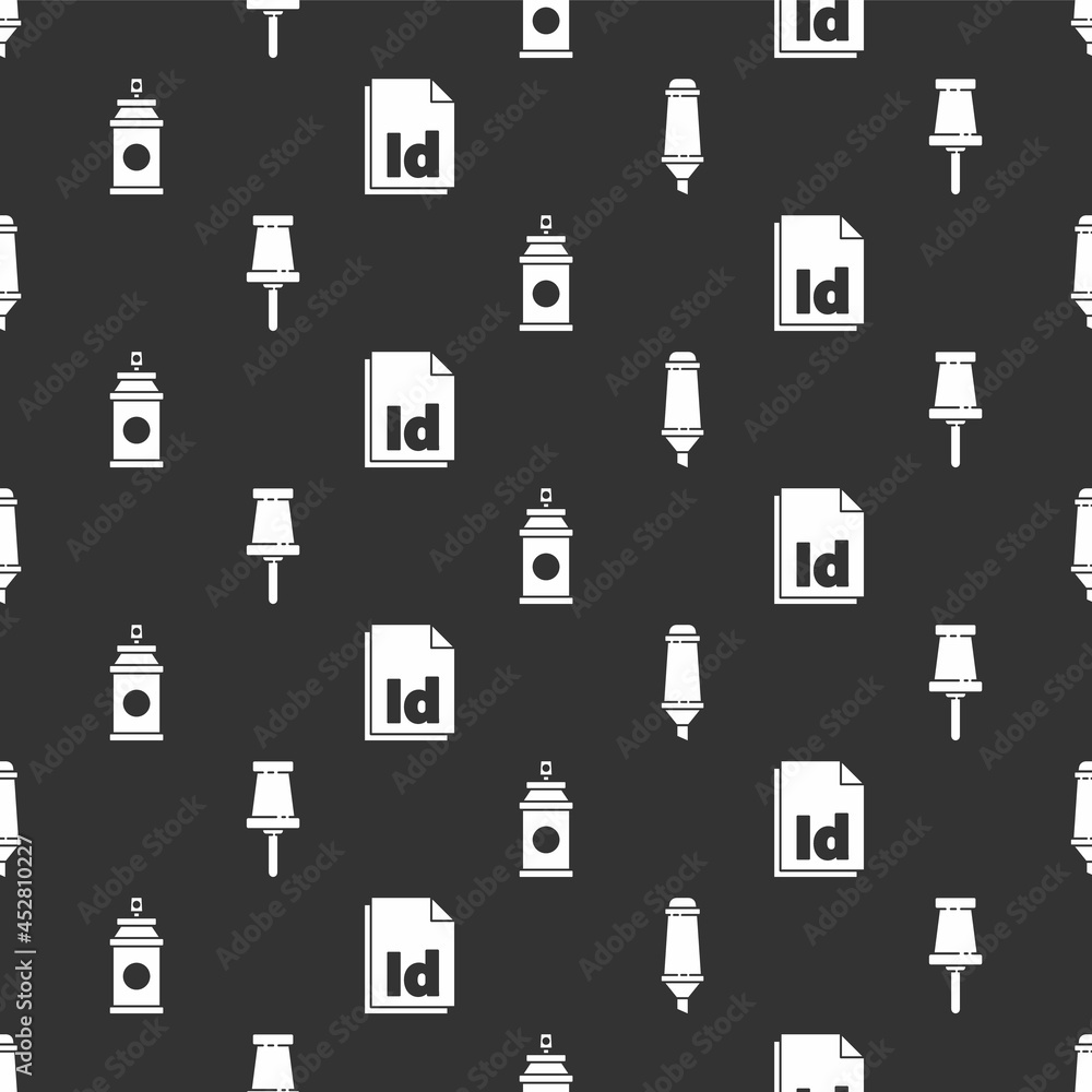Poster set marker pen, push pin, paint spray can and id file document on seamless pattern. vector
