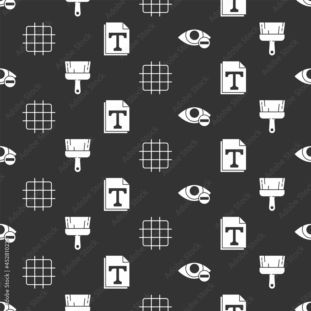Poster set red eye effect, paint brush, grid graph paper and text file document on seamless pattern. vector