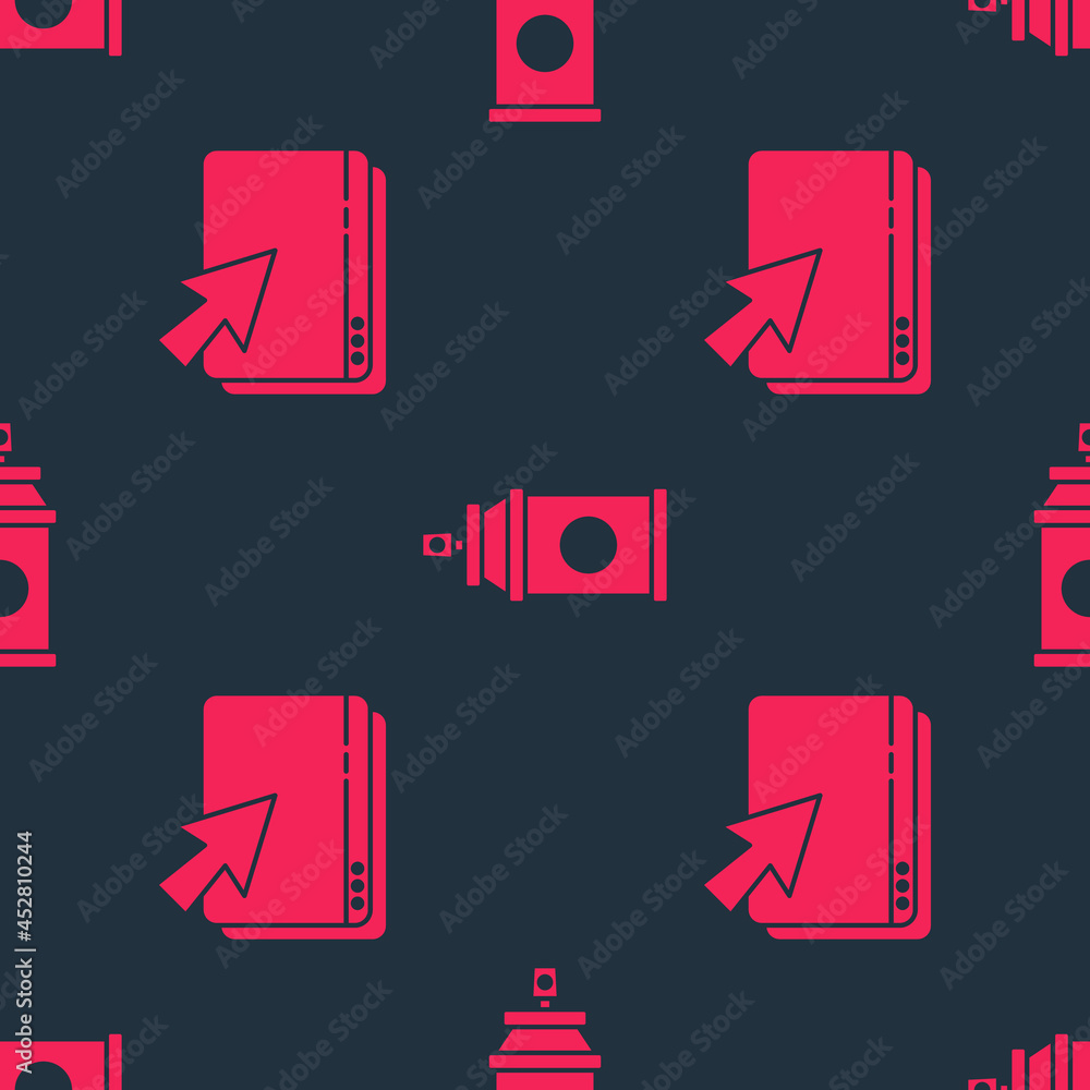 Poster set web design and development and paint spray can on seamless pattern. vector