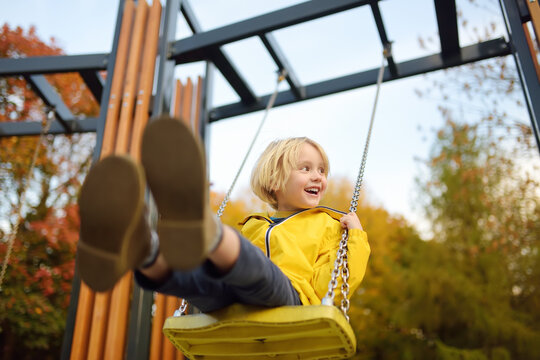 Little boy having fun on a swing on the playground in public park on autumn day. Happy child enjoy swinging. Active outdoors leisure for child