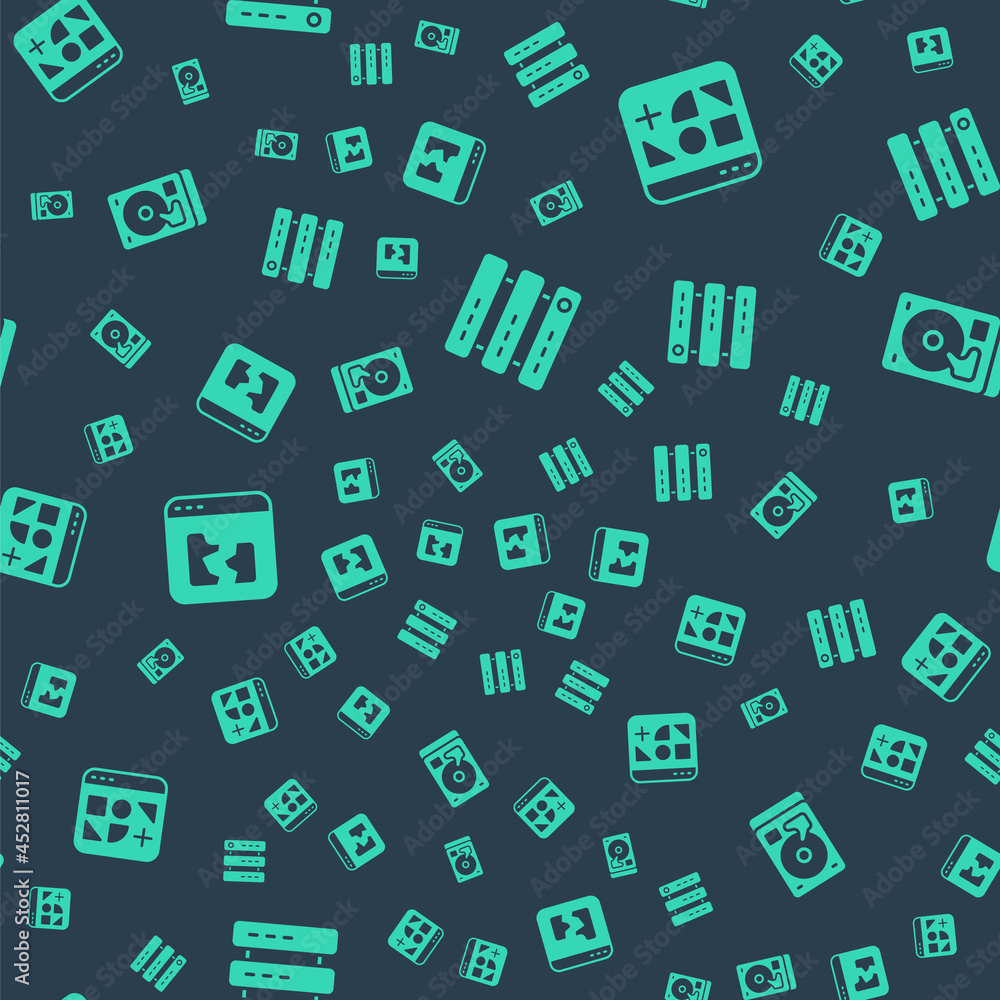 Aufkleber set server, data, web hosting, different files, broken and hard disk drive hdd on seamless pattern. 