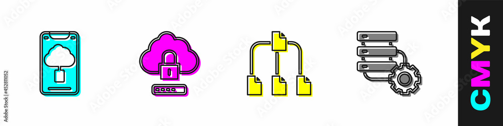 Poster set cloud technology data transfer, computing lock, folder tree and server and gear icon. vector