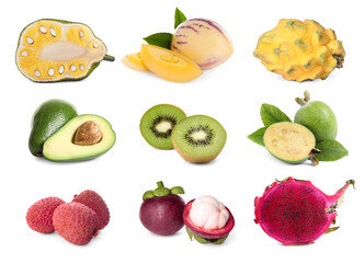 Set with different tasty exotic fruits on white background