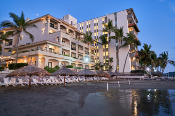View of Hotel in Mazatlán Mexico on the Pacific Ocean at Sunset 