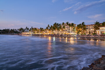Naklejka na ściany i meble Scenic View of Mazatlán Mexico Hotel Beach front at Sunset with Blue Horizon 