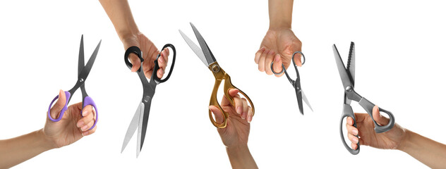 Collage with photos of women holding different scissors on white background, closeup. Banner design