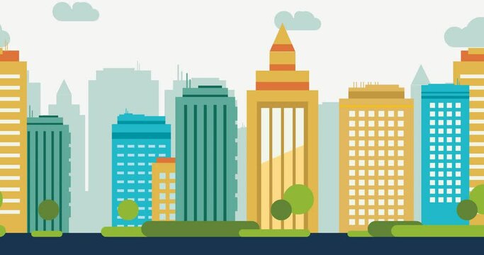 animation : cheerful and fun colorful urban buildings cartoon style background