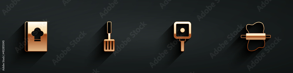 Poster set cookbook, barbecue spatula, frying pan and rolling pin on dough icon with long shadow. vector