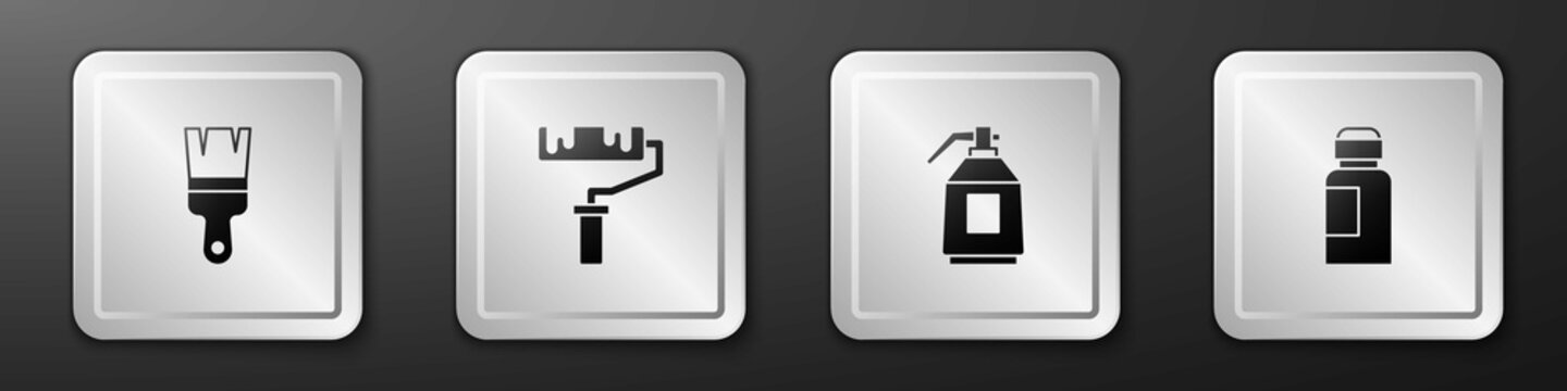 Set Paint brush, roller, spray gun and Paint, gouache, jar, dye icon. Silver square button. Vector