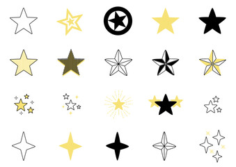 Fototapeta Zestaw gwiazdek - kolekcja płaskich ikon. Gwieździsta noc, spadająca gwiazda, fajerwerki, migająca gwiazdka, świecące, błyszczące wektorowe ilustracje. Kontury i żółte akcenty. obraz