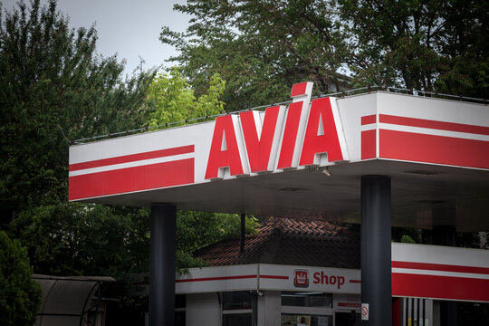 BELGRADE, SERBIA - JUNE 6, 2021 Logo of Avia International on one of its gas stations of Belgrade. Avia is a Swiss union of independent petroleum gas importers and gas stations in Europe. ....