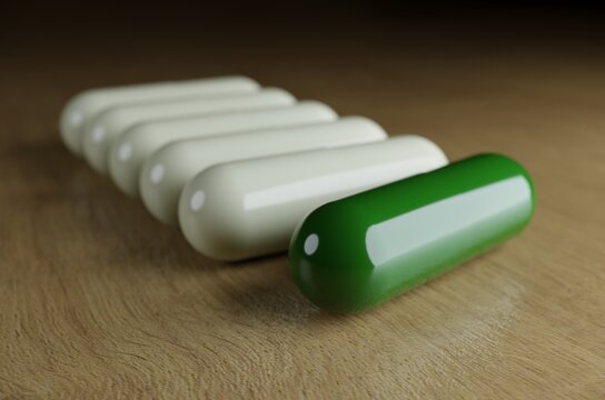 3D rendering, Andrographis paniculata capsule herb or creat and White medicine capsules, trunk on sack.