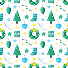 Seamless pattern with a Christmas design. A wreath, a Christmas tree, a garland, a star, a Christmas ball on a white background. Watercolor festive ornament. Cute print with  New Year's  illustrations
